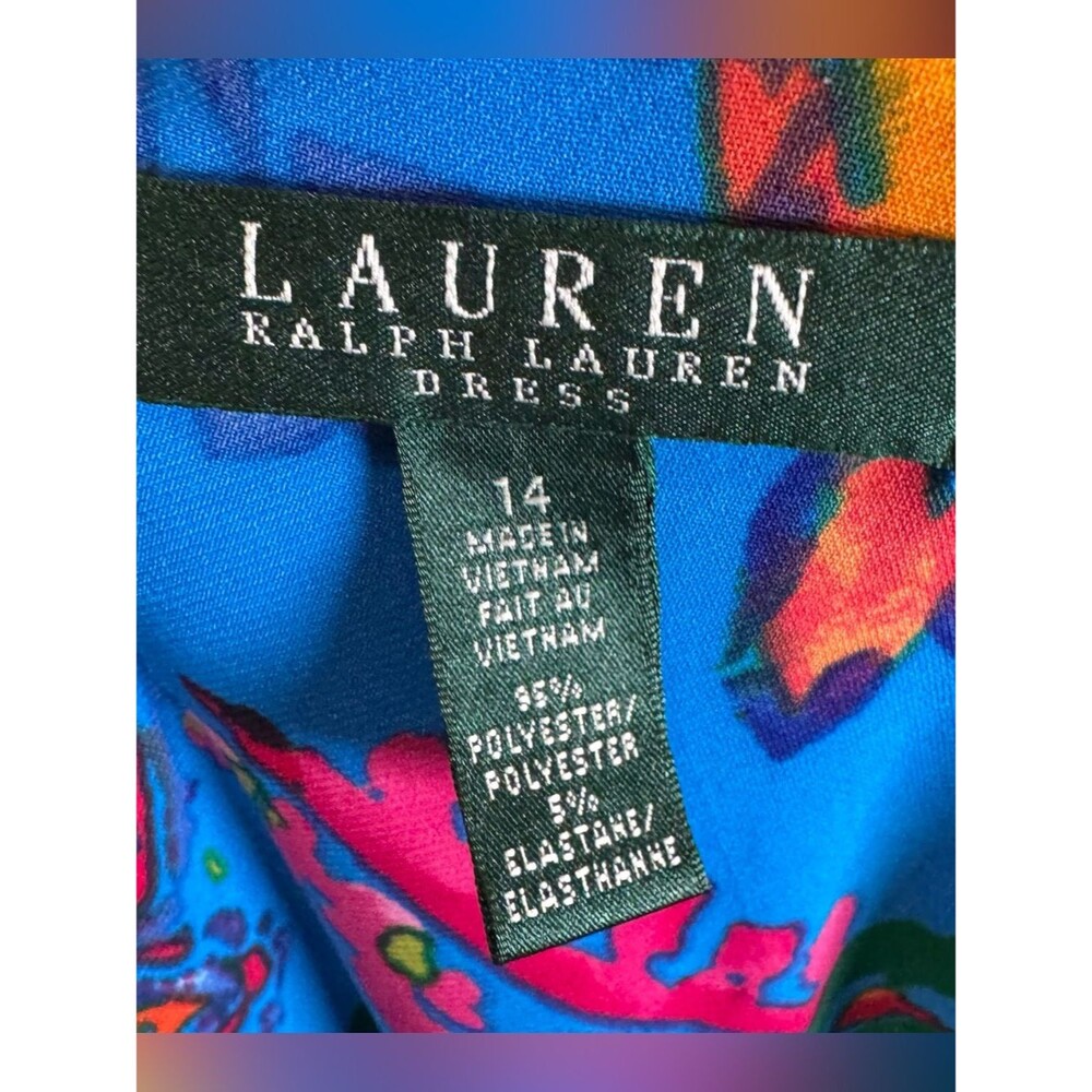 Ralph Lauren blue tropical one shoulder faux wrap resortwear dress size 14 - Picture 6 of 7
